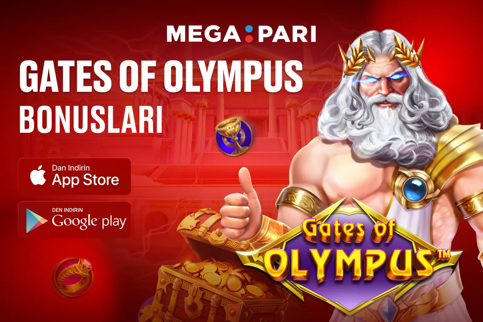 Megapari Gates of Olympus bonus avantajları Megapari Gates of Olympus slotu için promosyonlar ve bonus tekliflerini simgeleyen dijital illüstrasyon