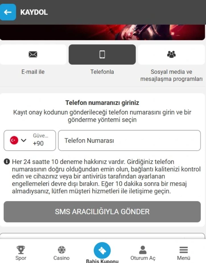 Megapari Telefon ile Kayıt Megapari Mobil Üyelik Formu Ekranı